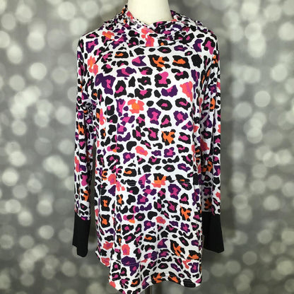LuLaRoe Amber Lightweight Hoodie in a white and black leopard print with fuchsia, purple and orange accents