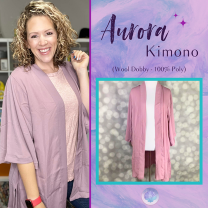 Woman wearing a pink kimono with product details on a purple background