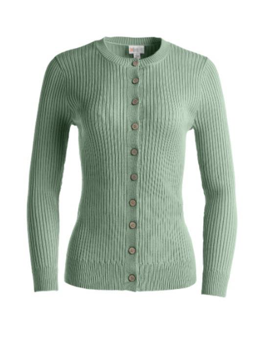 LuLaRoe Becky cardigan in solid soft sea glass green rib knit with wooden button front closure and fitted silhouette on a white background