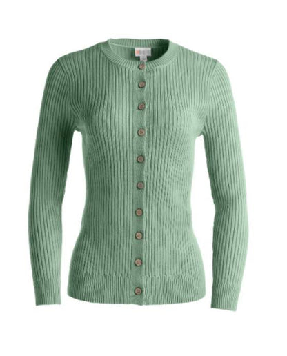 LuLaRoe Becky cardigan in solid soft sea glass green rib knit with wooden button front closure and fitted silhouette on a white background