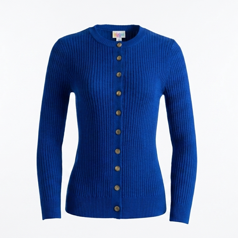 LuLaRoe Becky in solid royal blue with a ribbed texture, featuring a button-down front, long sleeves, and fitted silhouette, displayed on a white background