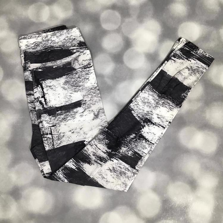 LuLaRoe leggings in black and white abstract brushstroke print – soft, stretchy, and stylish patterned leggings