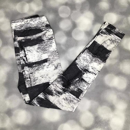 LuLaRoe leggings in black and white abstract brushstroke print – soft, stretchy, and stylish patterned leggings