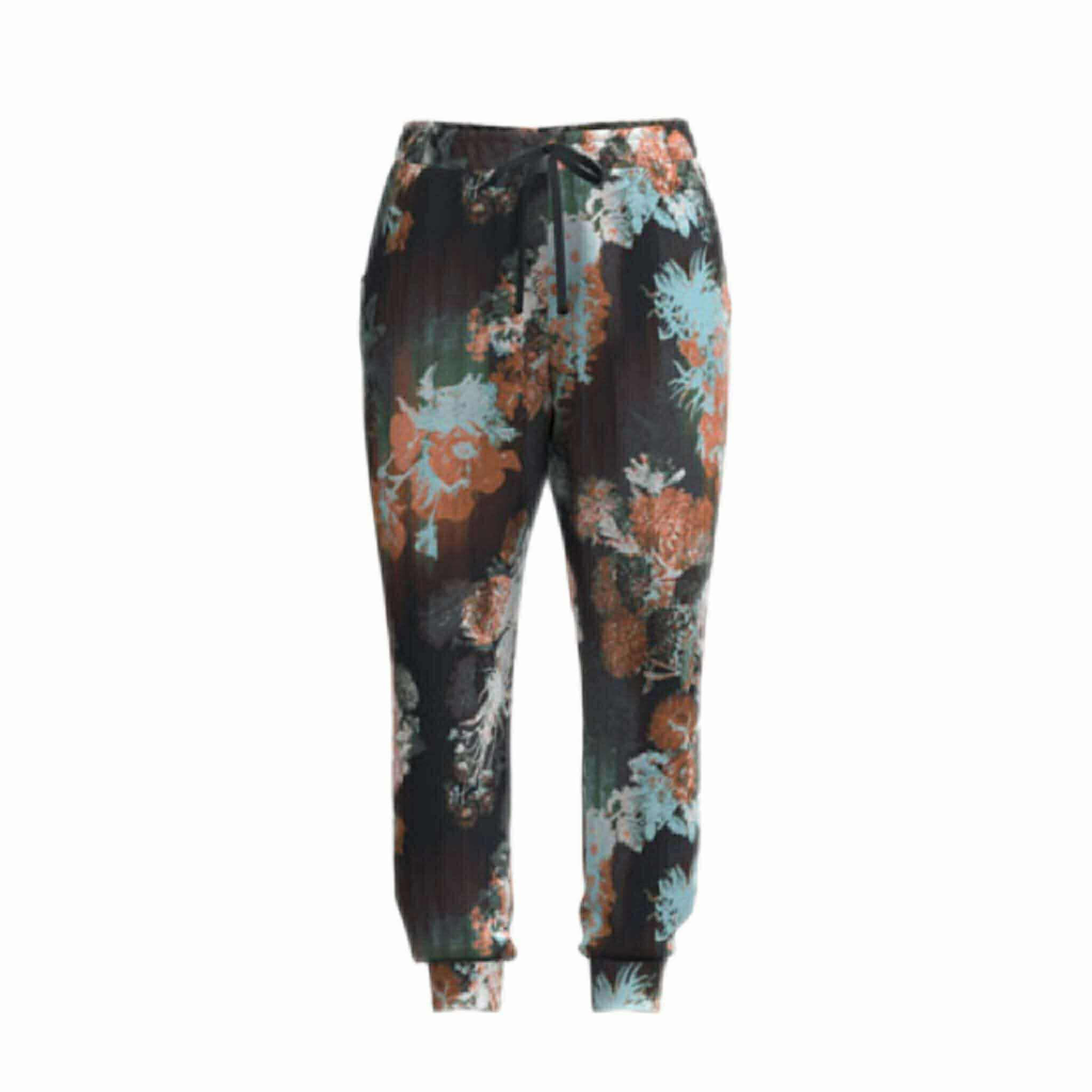 LuLaRoe Boyfriend Joggers in a black teal rust floral fade print featuring softly blended botanicals. Relaxed-fit joggers with drawstring waist and cuffed ankles.