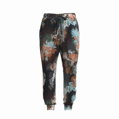LuLaRoe Boyfriend Joggers in a black teal rust floral fade print featuring softly blended botanicals. Relaxed-fit joggers with drawstring waist and cuffed ankles.