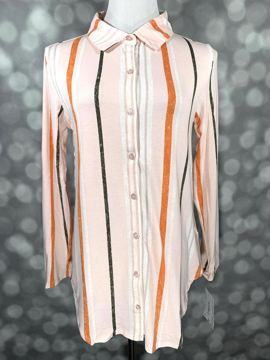 LuLaRoe long sleeve blush button-down shirt featuring vertical stripes in orange, olive green, and cream with a structured collar