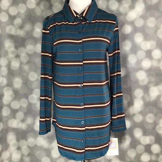 LuLaRoe button-down top in teal with horizontal stripes in maroon, white, and taupe, featuring a soft retro desert-inspired color palette
