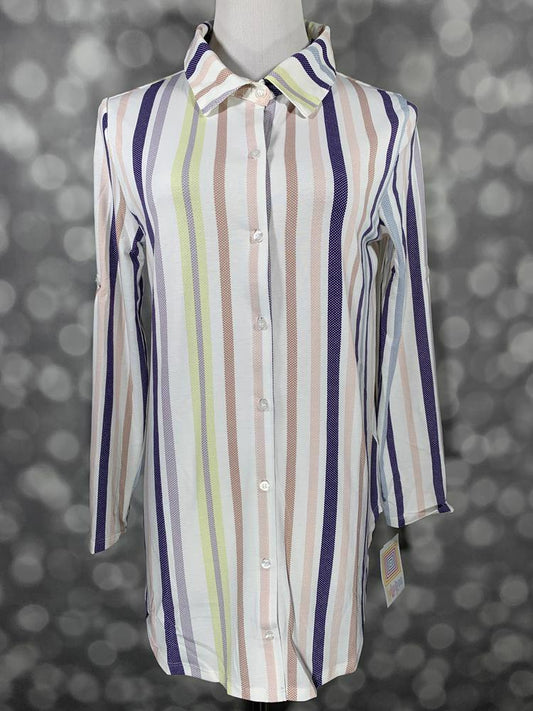 LuLaRoe long sleeve button-down top with vertical pastel stripes in navy, blush, tan, and lime on white background