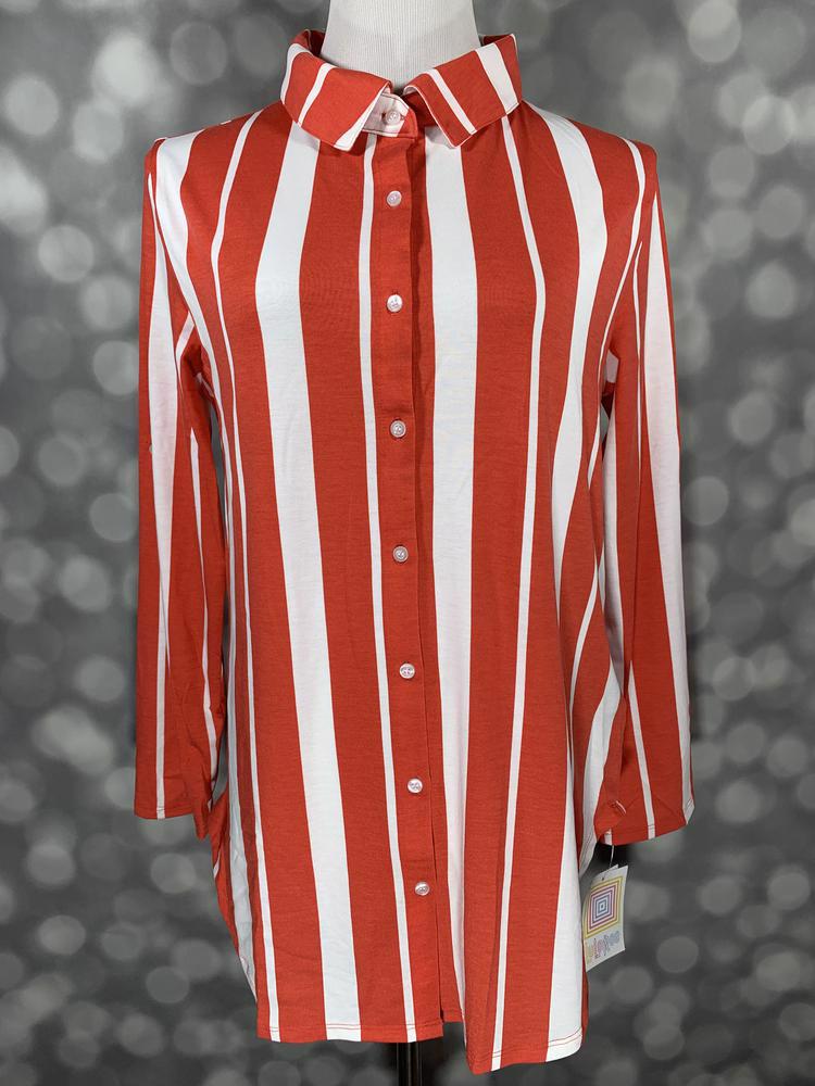 LuLaRoe long sleeve button-down shirt featuring bold vertical stripes in red and white with a structured collar