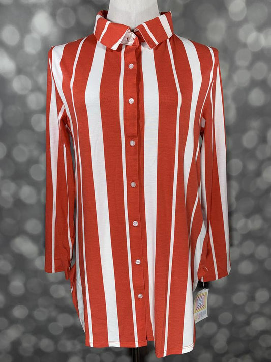 LuLaRoe long sleeve button-down shirt featuring bold vertical stripes in red and white with a structured collar