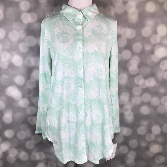 LuLaRoe button-down top in soft mint green and white tie-dye spiral pattern with long sleeves and a collared neckline