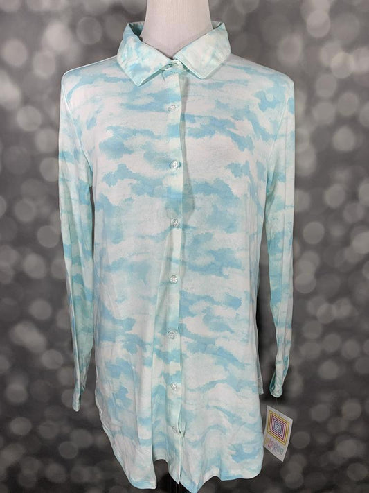 LuLaRoe button-down top with long sleeves in a soft sky blue and white cloud-inspired tie-dye pattern
