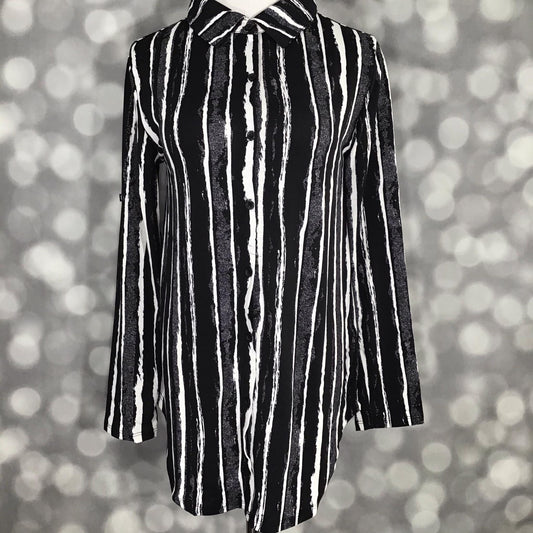 LuLaRoe button-down top with black and white abstract vertical stripes in a modern hand-drawn pattern