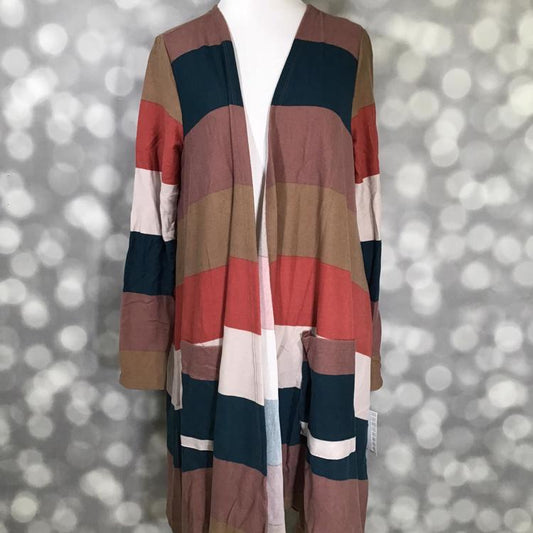 LuLaRoe Caroline Cardigan in wide rust, teal, tan, and cream block stripes. Mid-thigh length open-front cardigan with pockets and A-line fit.
