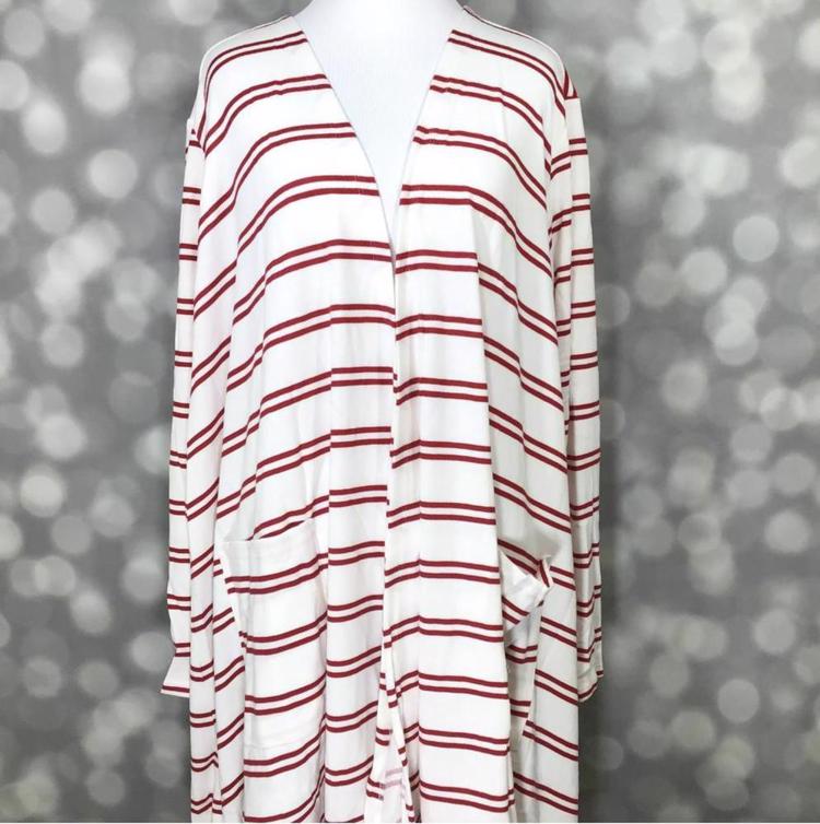 LuLaRoe Caroline cardigan on mannequin featuring a white base with red horizontal stripes, open front, and long duster-length silhouette.