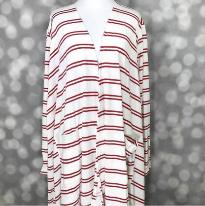 LuLaRoe Caroline cardigan on mannequin featuring a white base with red horizontal stripes, open front, and long duster-length silhouette.
