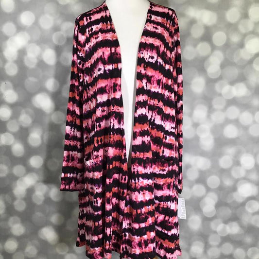 LuLaRoe Caroline cardigan in vibrant pink, black, and red tie-dye stripe print with pockets and mid-thigh length.