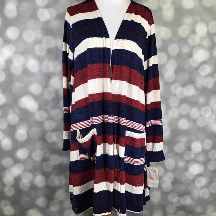 LuLaRoe Caroline cardigan in bold red, white, and navy blue horizontal stripes with pockets and mid-thigh length.
