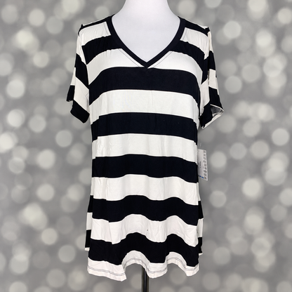LuLaRoe Christy T in Black & Ivory Bold Stripe, featuring wide black and ivory horizontal stripes, a flattering V-neckline, short sleeves and a relaxed fit.