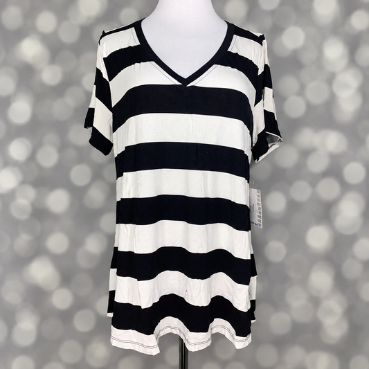 LuLaRoe Christy T in Black & Ivory Bold Stripe, featuring wide black and ivory horizontal stripes, a flattering V-neckline, short sleeves and a relaxed fit.