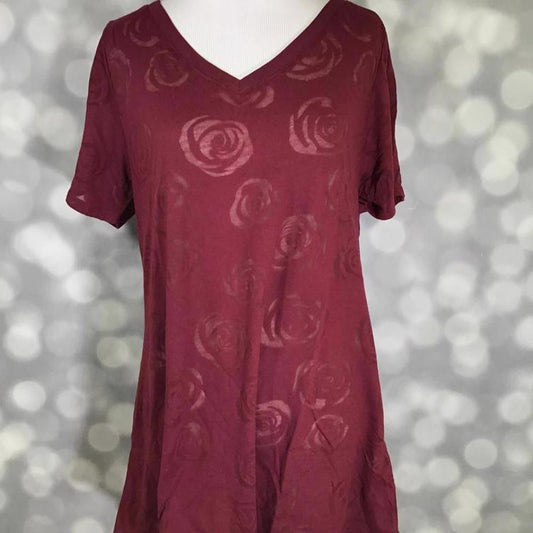 LuLaRoe Christy T maroon burnout rose v-neck top – soft floral textured women’s tee
