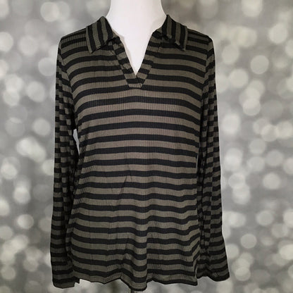 LuLaRoe Courtney Long Sleeve Polo Top in black and olive horizontal stripes displayed on a mannequin. Features a soft 4x2 rib knit, collared V-neckline, and long sleeves.