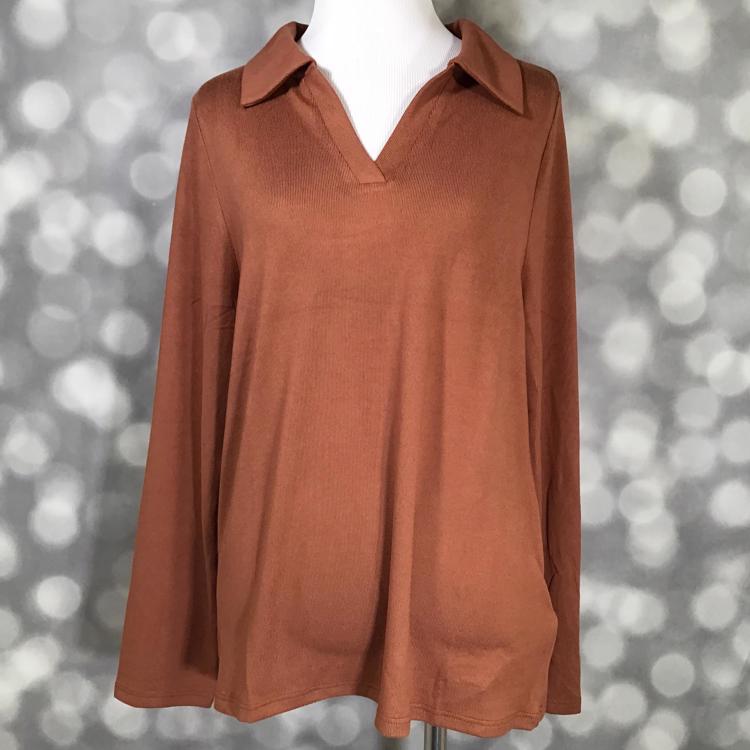 LuLaRoe Courtney Long Sleeve Polo Top in solid mocha bisque brown displayed on a mannequin against a soft blurred background. Features a classic polo collar, long sleeves, subtle rib texture, and easy drape in brushed hacci fabric.