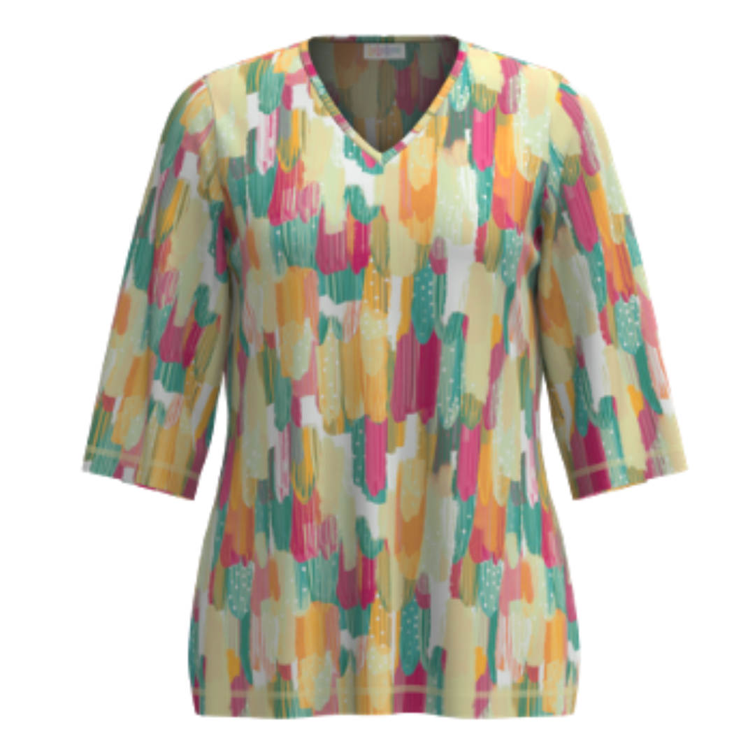 LuLaRoe Eden Top with multicolor brushstroke print in teal, coral, mustard, and cream on a neutral base with V-neck and 3/4 sleeves on a white background