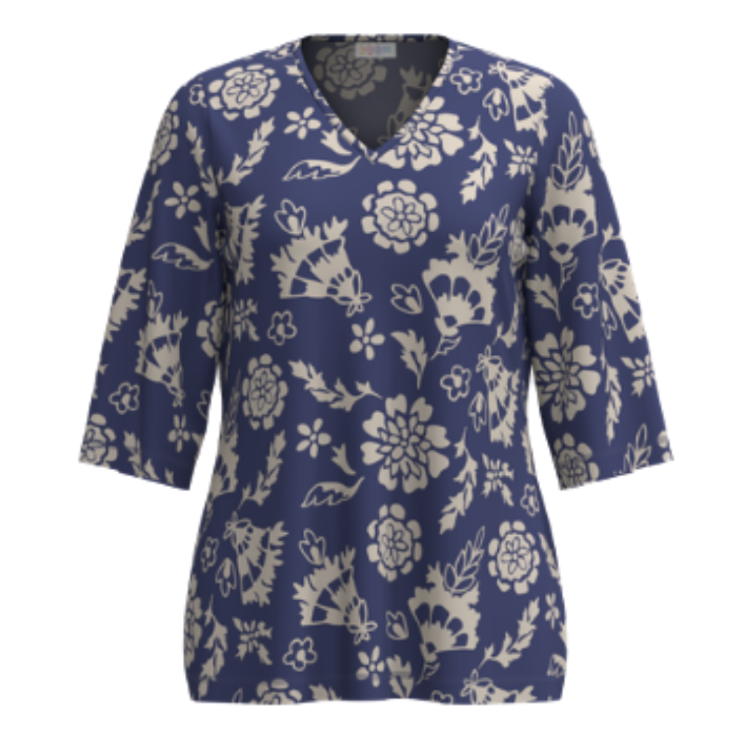 LuLaRoe Eden Top with indigo blue base and ivory floral silhouette print, V-neck with 3/4 sleeves on a white background