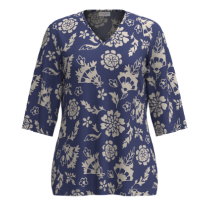 LuLaRoe Eden Top with indigo blue base and ivory floral silhouette print, V-neck with 3/4 sleeves on a white background