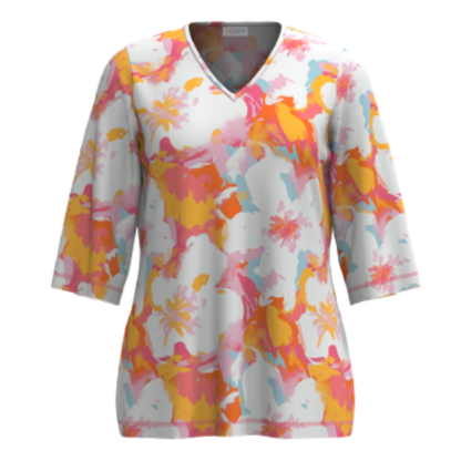 LuLaRoe Eden Top with colorful abstract print in coral, yellow, peach, and blue on white background with V-neck and 3/4 sleeves on a white background