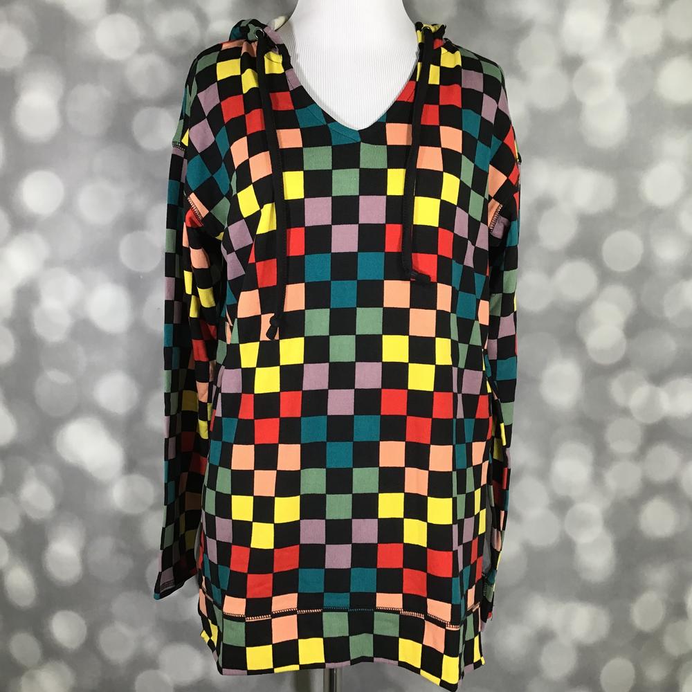 LuLaRoe Eliza Hoodie in a multicolor checkerboard block print featuring red, yellow, teal, peach, lavender, and black squares, shown on a mannequin with a V-neck and relaxed tunic-length fit