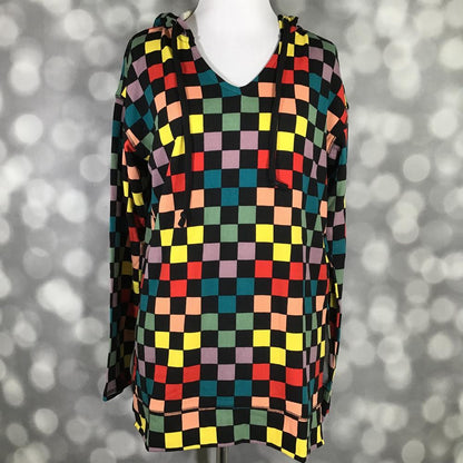 LuLaRoe Eliza Hoodie in a multicolor checkerboard block print featuring red, yellow, teal, peach, lavender, and black squares, shown on a mannequin with a V-neck and relaxed tunic-length fit