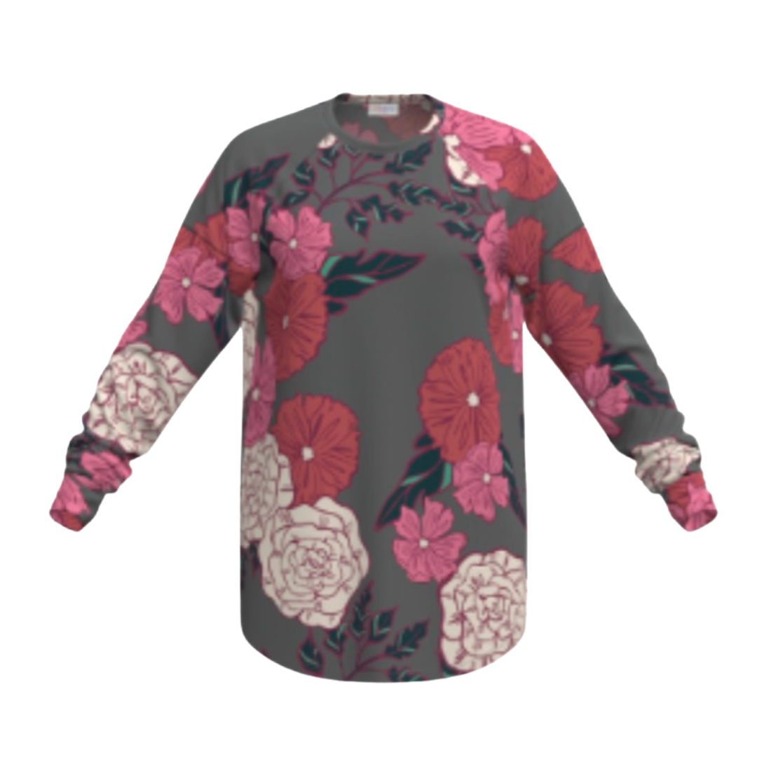 LuLaRoe Erin raglan sleeve top featuring a charcoal gray background with large pink and ivory floral roses and deep teal leaves, relaxed fit with long sleeves and curved hem, shown on a white background.