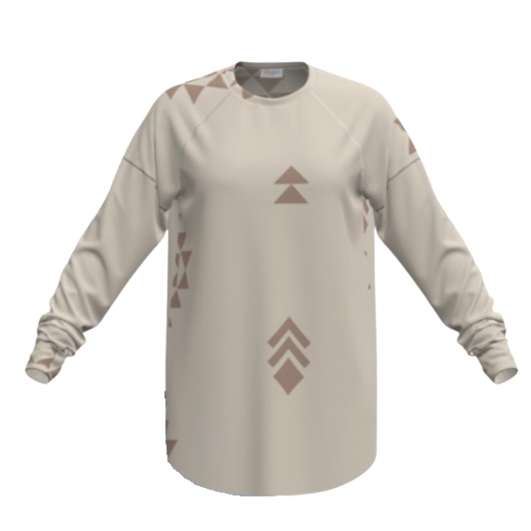 LuLaRoe Erin raglan sleeve top in desert arrow geometry print with taupe geometric arrow and triangle motifs on a beige background, featuring long sleeves, relaxed fit, and curved hem, shown on a white background.