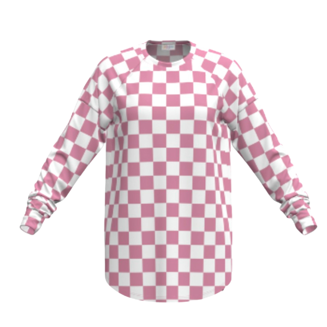 LuLaRoe Erin raglan sleeve top in rosebud checkerboard print featuring blush pink and white square pattern, long sleeves, relaxed fit, and curved hem, shown on a white background.