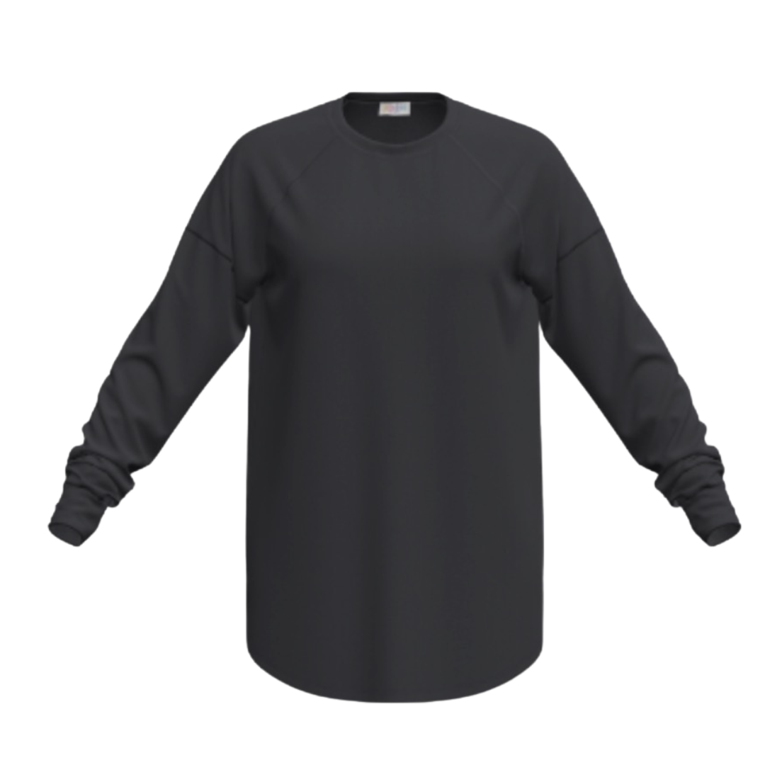 LuLaRoe Erin raglan sleeve top in solid black featuring long sleeves, relaxed fit, soft terry knit fabric, and curved hem, shown on a white background.