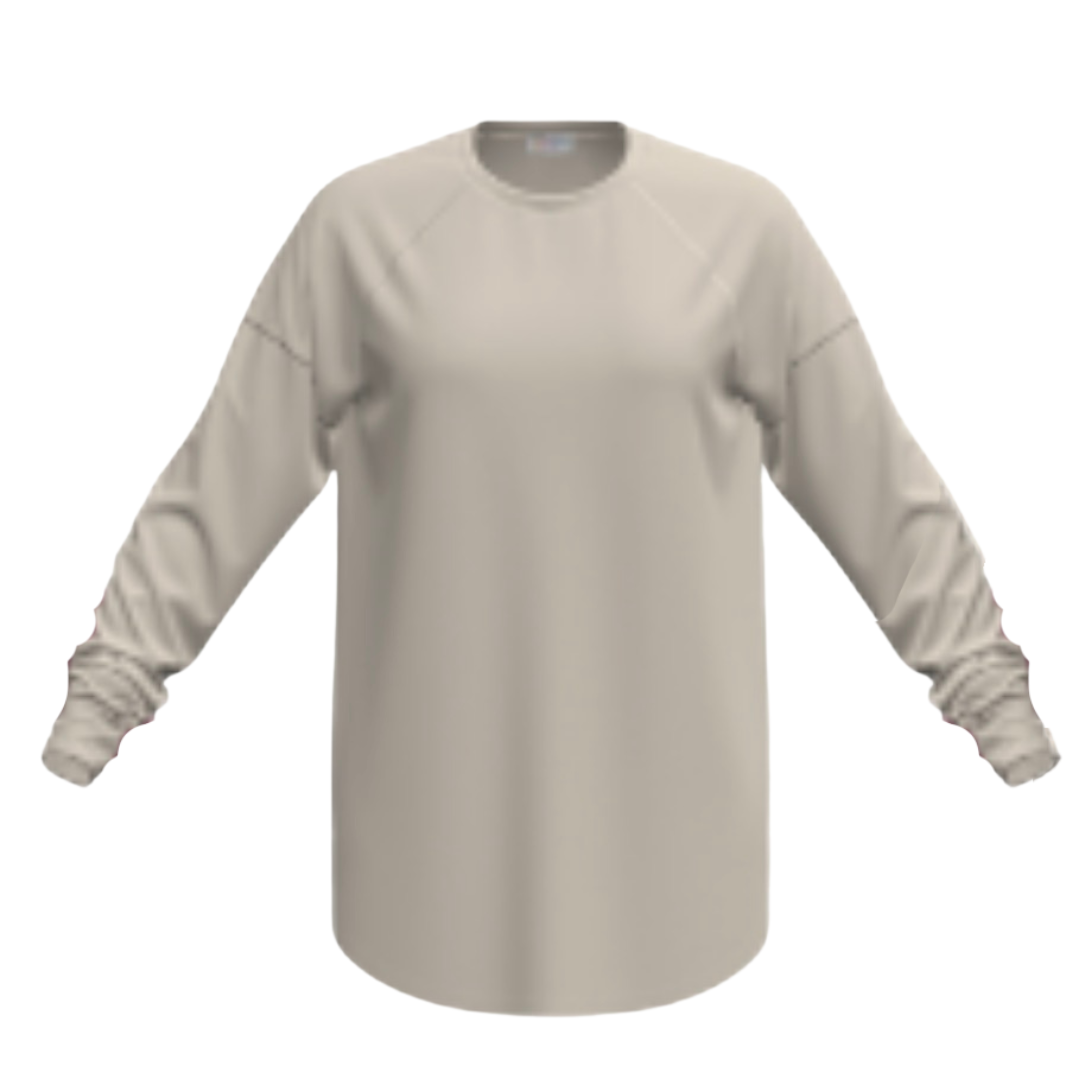 LuLaRoe Erin raglan sleeve top in solid soft oatmeal beige, featuring long sleeves, relaxed fit, curved hem, and soft terry knit fabric, shown on a white background.