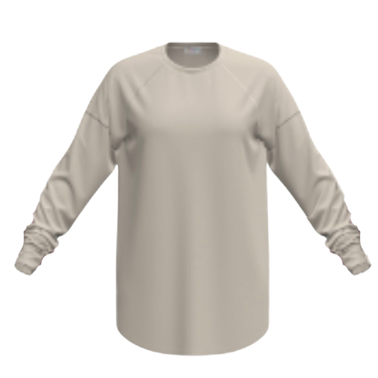 LuLaRoe Erin raglan sleeve top in solid soft oatmeal beige, featuring long sleeves, relaxed fit, curved hem, and soft terry knit fabric, shown on a white background.