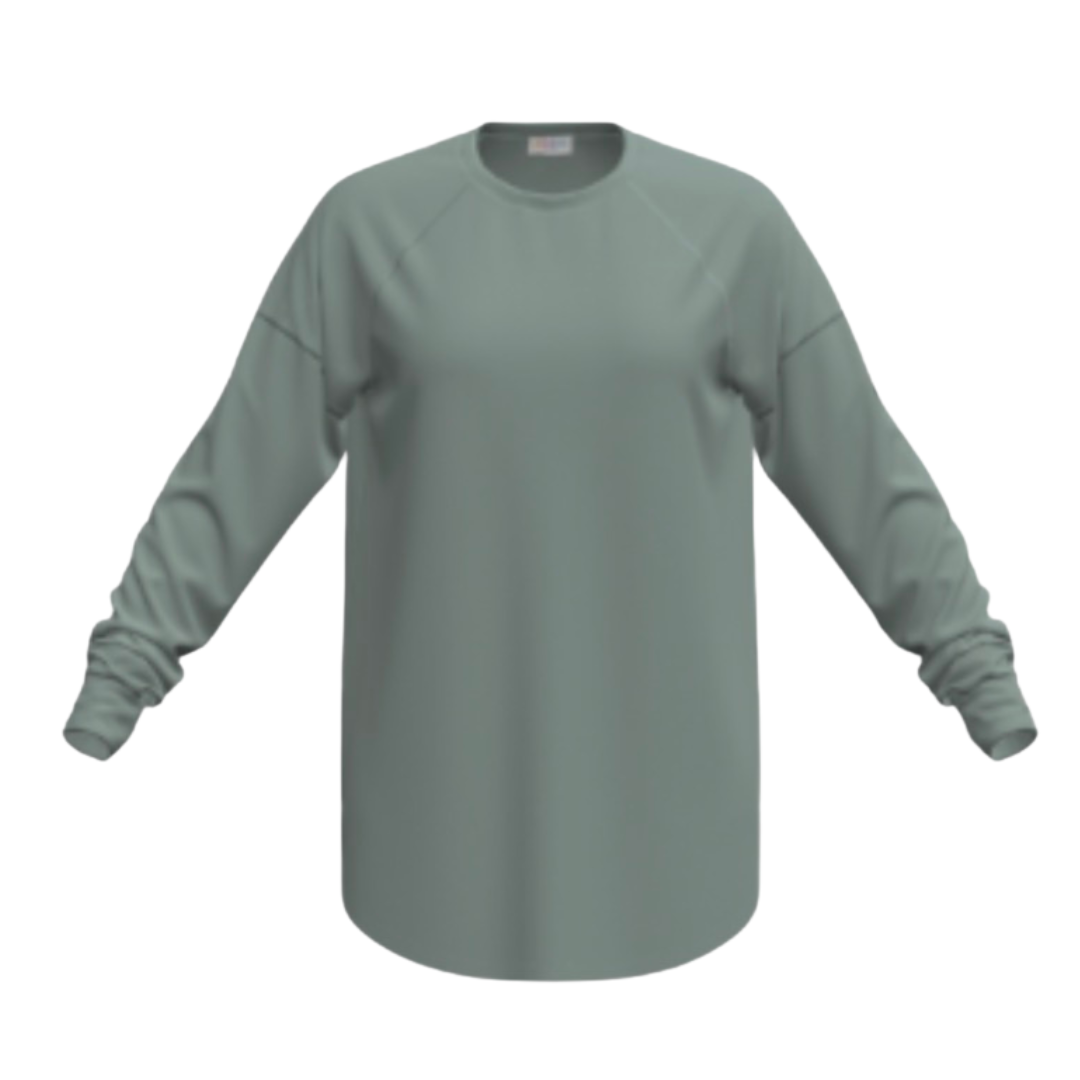 LuLaRoe Erin raglan sleeve top in solid soft sage green featuring long sleeves, relaxed fit, curved hem, and soft terry knit fabric, shown on a white background.