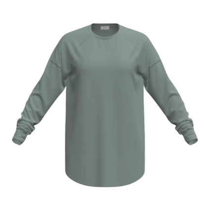 LuLaRoe Erin raglan sleeve top in solid soft sage green featuring long sleeves, relaxed fit, curved hem, and soft terry knit fabric, shown on a white background.