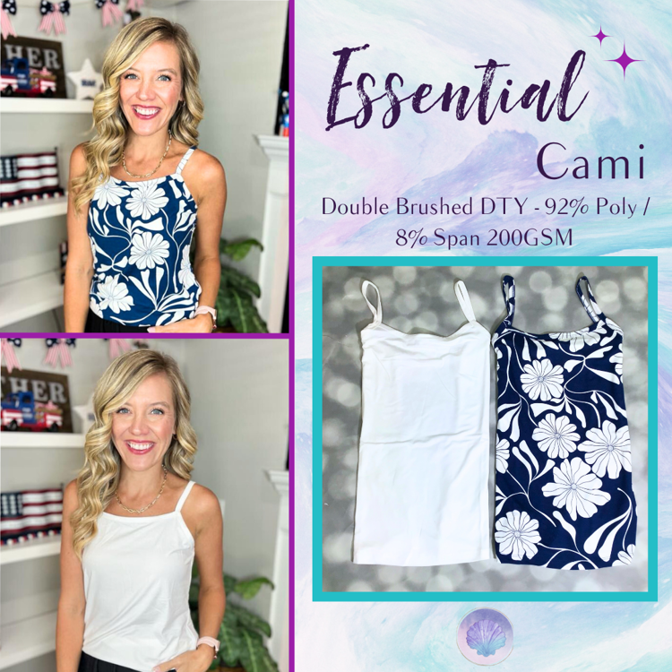 LuLaRoe Essential Cami two-piece set featuring one solid white cami and one navy blue floral cami with oversized white botanical flowers. Sleeveless layering camis displayed flat against a gray bokeh background alongside lifestyle photos of a model wearing each cami. Lightweight brushed DTY camis with adjustable straps and versatile everyday styling.