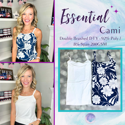 LuLaRoe Essential Cami two-piece set featuring one solid white cami and one navy blue floral cami with oversized white botanical flowers. Sleeveless layering camis displayed flat against a gray bokeh background alongside lifestyle photos of a model wearing each cami. Lightweight brushed DTY camis with adjustable straps and versatile everyday styling.