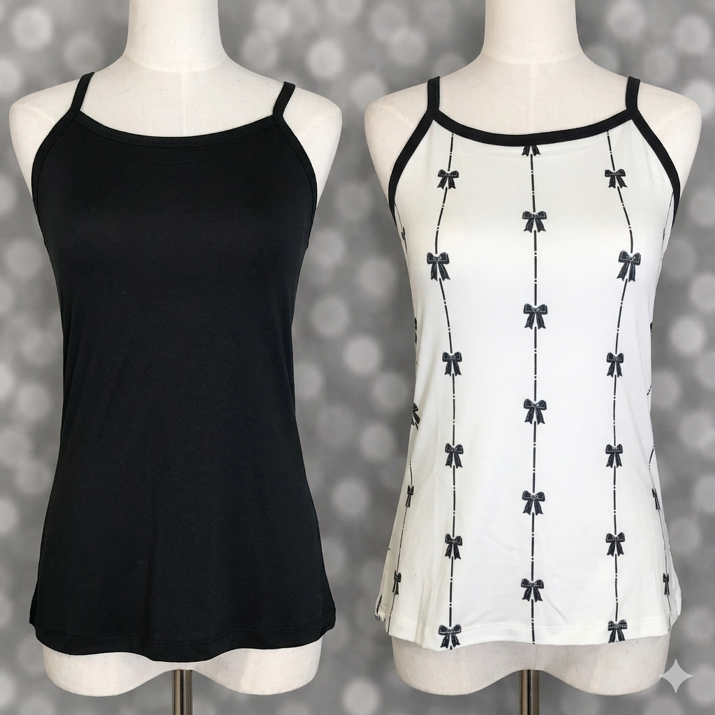 Two LuLaRoe Essential camis photographed on mannequin torsos including a solid black cami and a white camisole with vertical black ribbon bow stripe print on a soft gray blurred background.