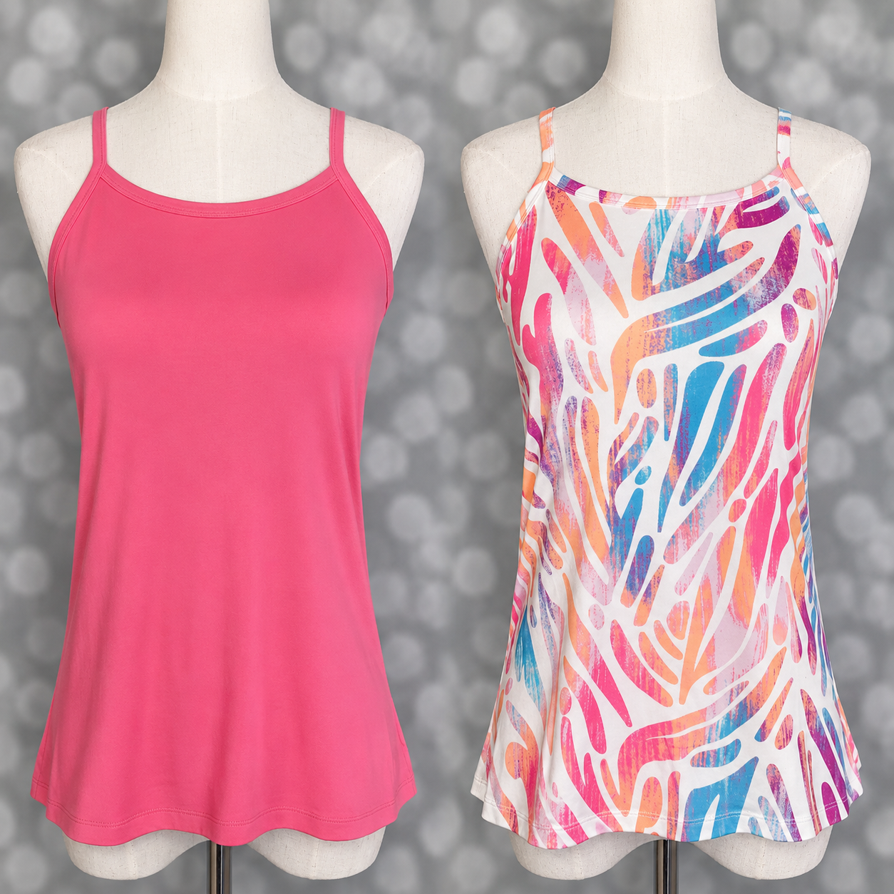 LuLaRoe Essential cami set displayed on mannequin forms featuring a solid bubblegum pink camisole paired with a colorful abstract tropical print cami in pink, coral, blue, and orange tones on a gray bokeh background.