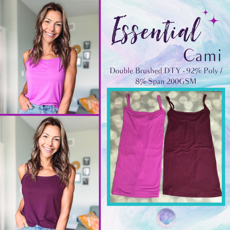 LuLaRoe Essential Cami two-piece set featuring a bright orchid pink cami and a deep fig plum cami in soft brushed DTY fabric. Adjustable strap camis displayed flat with lifestyle model photos showing each color. Lightweight layering tank tops designed for everyday wear, casual outfits, travel wardrobes, and versatile seasonal styling.