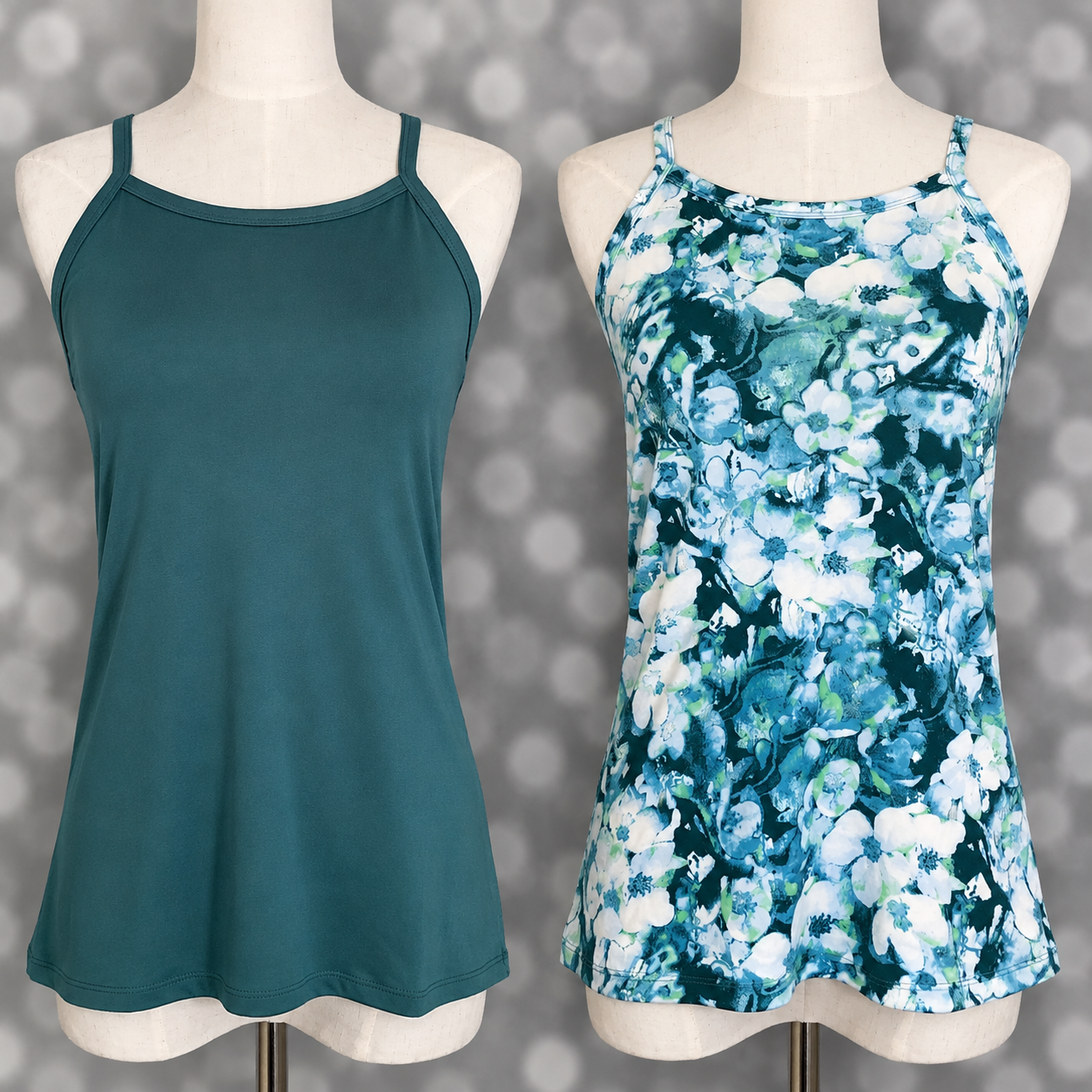 LuLaRoe Essential camis displayed side by side featuring a solid teal blue cami and a watercolor floral print camisole with blue, aqua, and white flowers on mannequin forms against a gray bokeh studio background.