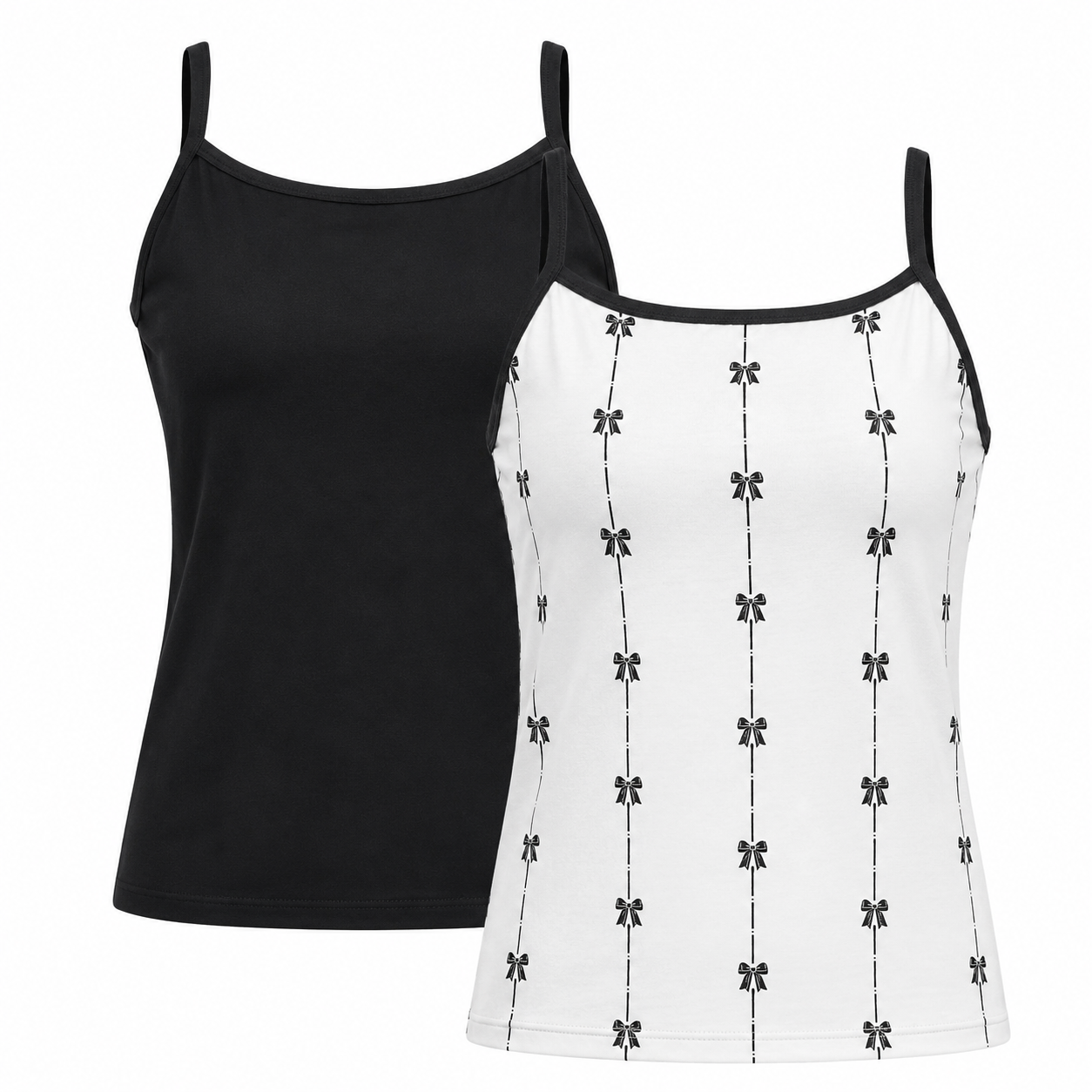 Two LuLaRoe Essential Camis displayed on a light gray background featuring one solid black cami and one white cami with delicate black vertical bow stripe prints in a minimalist feminine pattern.