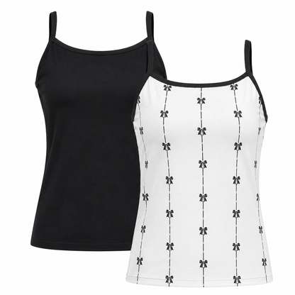 Two LuLaRoe Essential Camis displayed on a light gray background featuring one solid black cami and one white cami with delicate black vertical bow stripe prints in a minimalist feminine pattern.