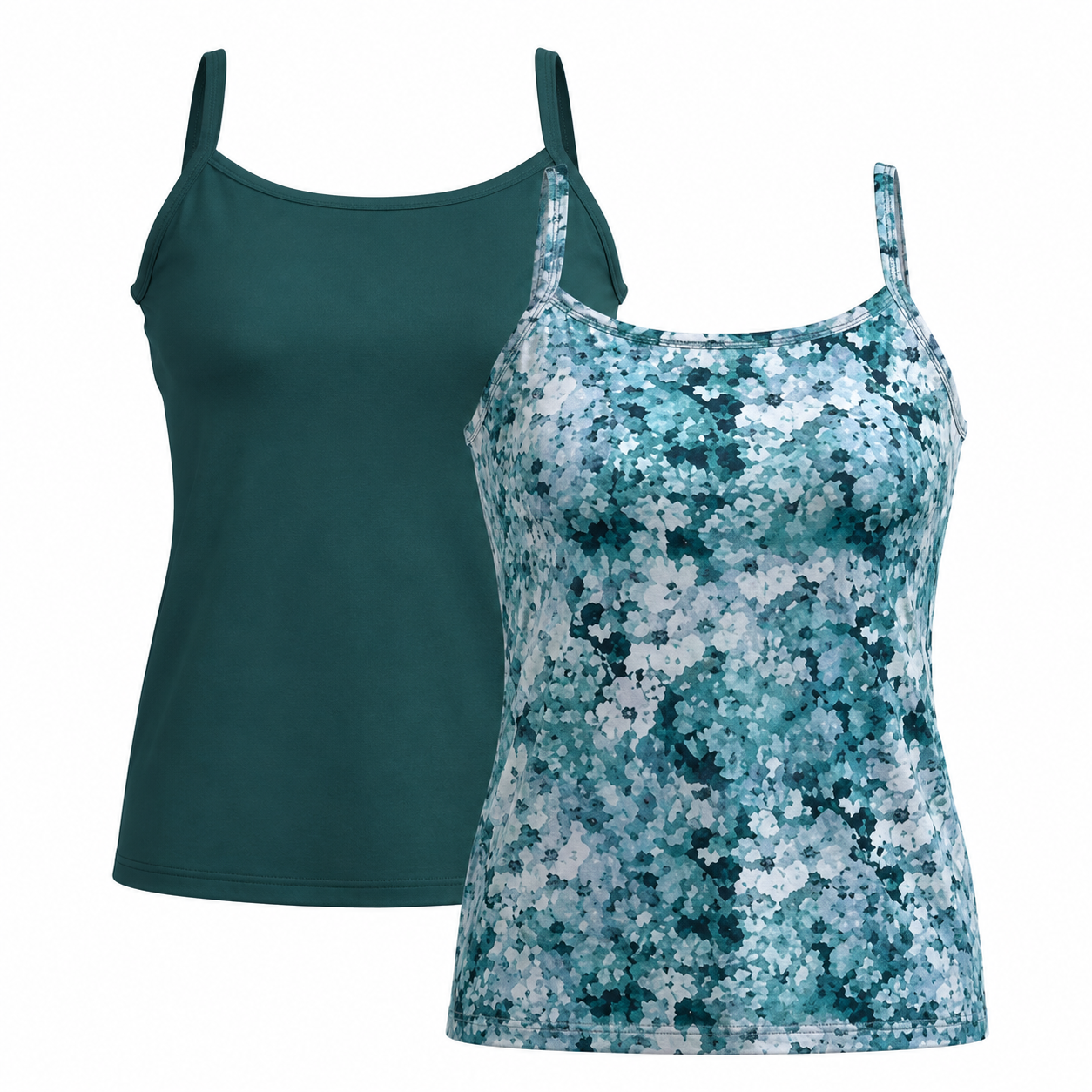 Two LuLaRoe Essential Camis displayed on a light gray background featuring one solid coastal teal cami and one watercolor-inspired floral cami in layered shades of teal, aqua, blue, white, and seafoam in an abstract painterly print.